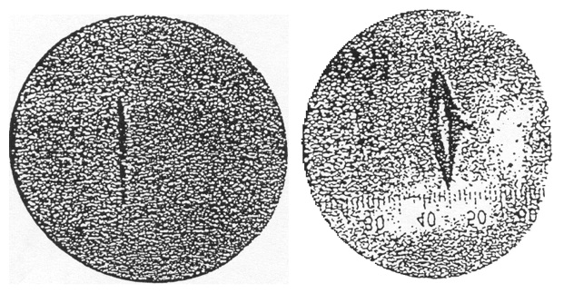 Il deposito di argento fotografato al microscopio: a sinistra senza campo, una riga sola; a destra con il campo, la riga si apre al centro.