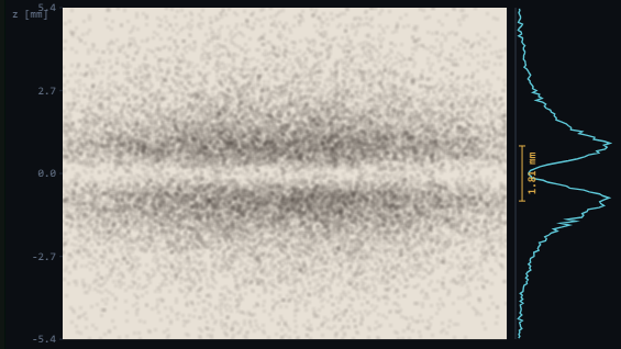 The slide with two separate dark bands, and beside it the density profile of the deposit with two maxima.